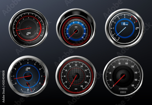 Car speedometer, tachometer for dashboard. Analog device for measuring speed. Vector illustration