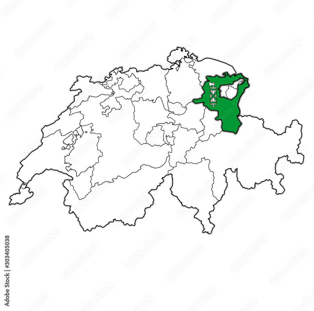 flag of St Gallen canton on map of switzerland