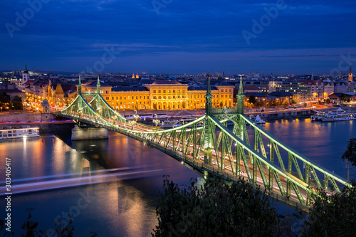The Liberty Bridge in Budapest after sunset from Gellert hill.