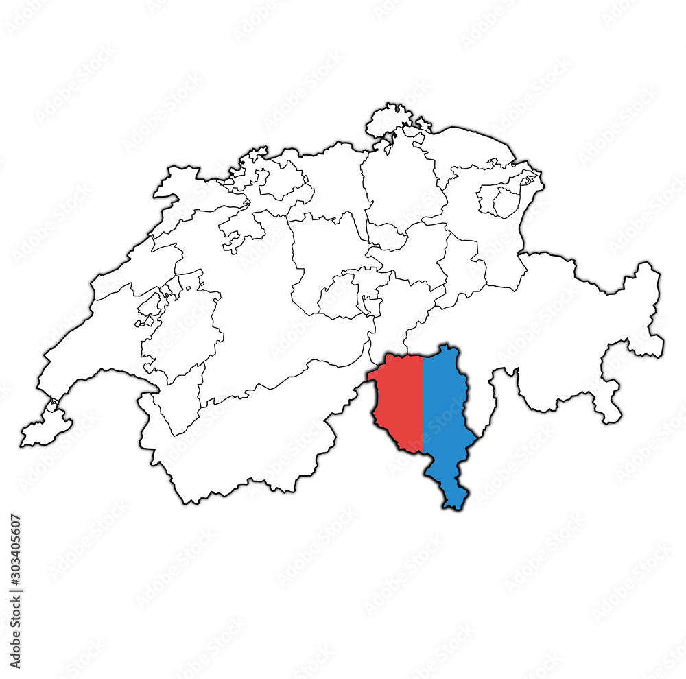 flag of Tessin canton on map of switzerland