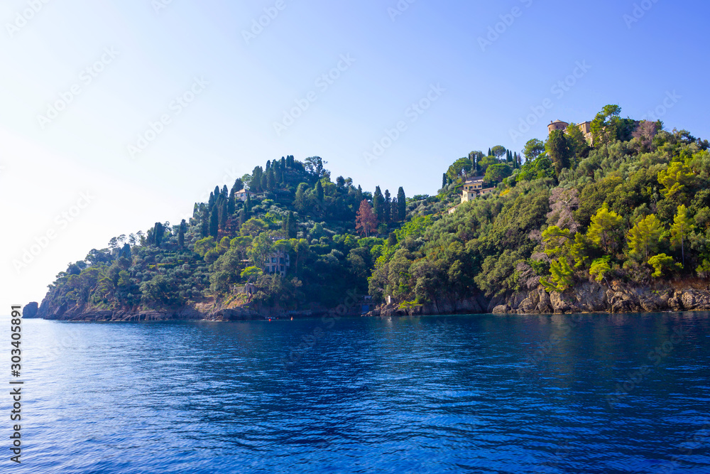 Old medieval castle, located on a hill near harbor of Portofino town, Italy