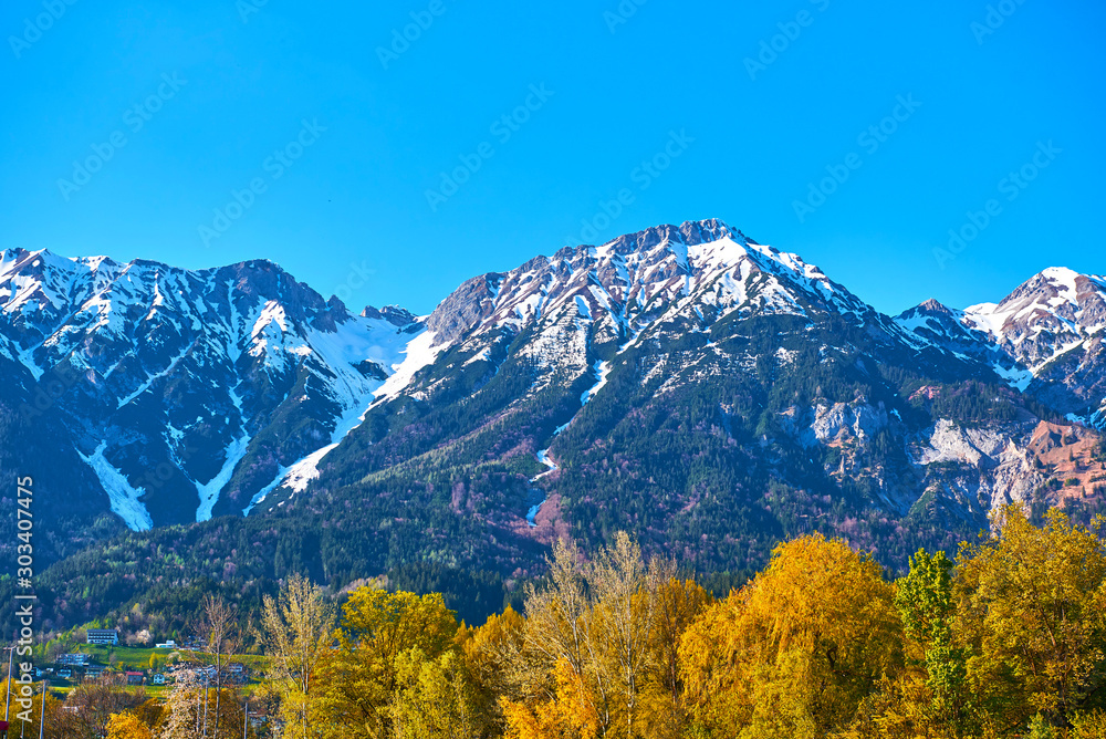 View of Peak Mountain Hafelekar in Tirol region. Austria.