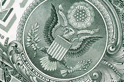 Eagle macro close-up on a US 1 dollar banknote. Detail of one dollar bill