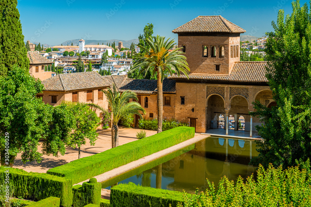 Scenic sight with the Alhambra Palace and the Albaicin district in Granada. Andalusia, Spain.