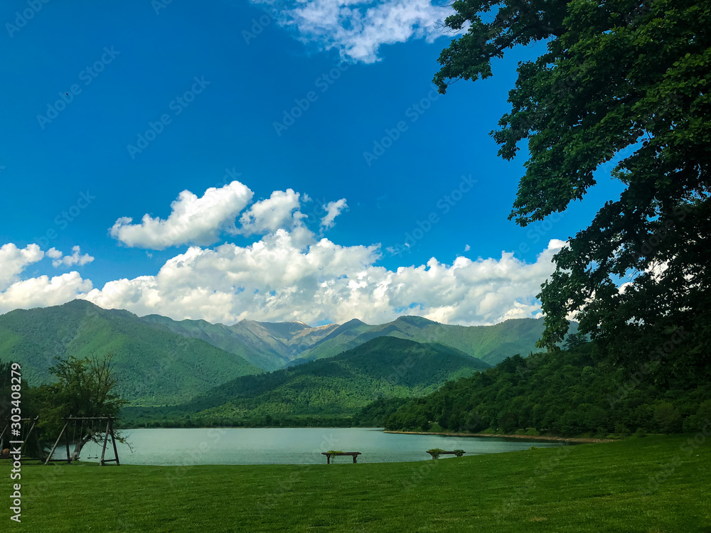 View of the lake and Kvareli mountains in Georgia.