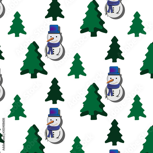 vector santa seamless.Seamless Christmas pattern with snowmen on a white background and Christmas trees. For wrapping paper, for Christmas accessories, toys, stationery, festive tinsel. Bright