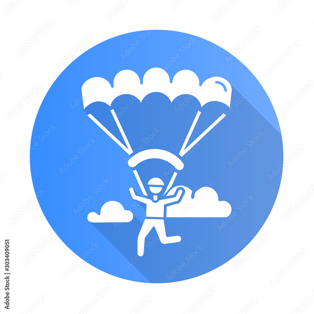 Paragliding blue flat design long shadow glyph icon. Parachuting , paratrooping activity. Skydiving, hang gliding recreation. Flights in sky and jumps with parachute. Vector silhouette illustration Paragliding blue flat design long shadow glyph icon. Parachuting , paratrooping activity. Skydiving, hang gliding recreation. Flights in sky and jumps with parachute. Vector silhouette illustration