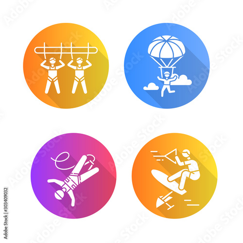 Air extreme sports flat design long shadow glyph icons set. Giant swing, parachuting, bungee jumping and wakeboarding. Outdoor activities. Adrenaline entertainment. Vector silhouette illustration