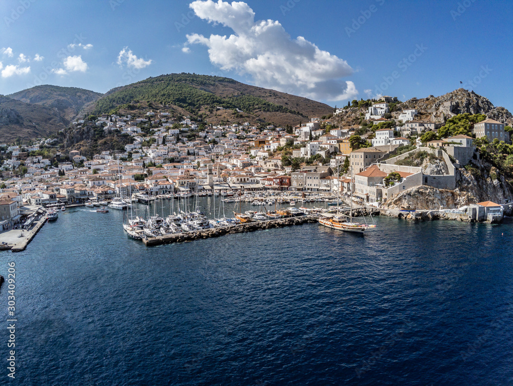 Aerial view of Hydra town in Hydra Island
