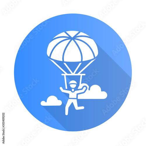 Parachuting blue flat long shadow glyph icon. Paragliding, paratrooping activity. Air extreme sport. Skydiving, hang gliding recreation. Flights in sky with parachute. Vector silhouette illustration