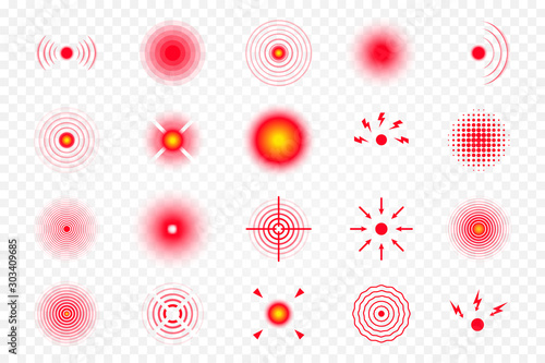 Pain localization mark, set of abstract symbols of pain. Red circles for marking human pain. Headache, hurt body part marker, muscular joint pain etc.