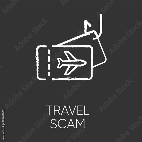 Travel scam chalk icon. Fake vacation ad. Unrealistic conditions. Free tickets trick. Cybercrime. Financial fraud. Malicious practice. Fraudulent scheme. Isolated vector chalkboard illustration