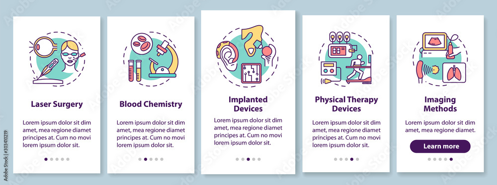 Biomedical engineering onboarding mobile app page screen with linear concepts. Laser surgery. Blood chemistry. Five walkthrough steps graphic instructions. UX, UI, GUI vector template, illustrations