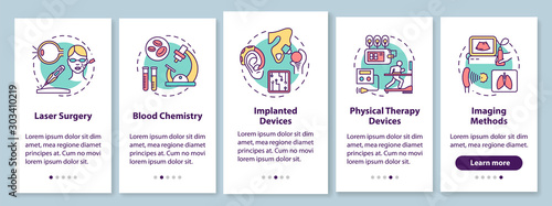 Biomedical engineering onboarding mobile app page screen with linear concepts. Laser surgery. Blood chemistry. Five walkthrough steps graphic instructions. UX, UI, GUI vector template, illustrations