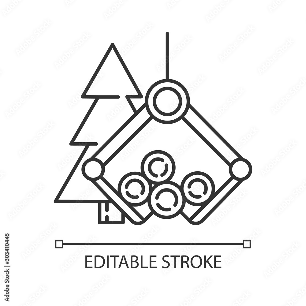 Timber industry linear icon. Logging sector. Wood production. Heavy lifting crane loading spruce logs. Thin line illustration. Contour symbol. Vector isolated outline drawing. Editable stroke Timber industry linear icon. Logging sector. Wood production. Heavy lifting crane loading spruce logs. Thin line illustration. Contour symbol. Vector isolated outline drawing. Editable stroke
