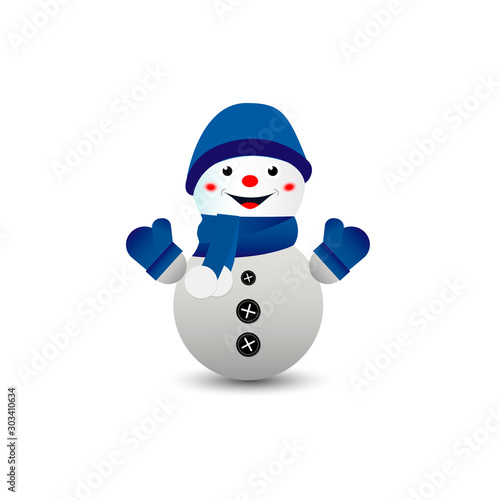 Cartoon snowman in a blue hat and blue mittens. White  isolated background. Vector illustration.
