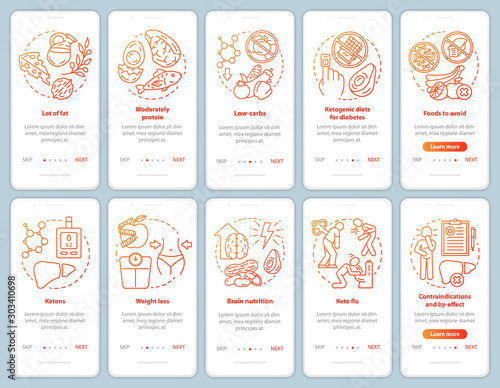 Keto diet red onboarding mobile app page screen template. Healthy nutrition. Ketogenic eating, meal. Low carb food walkthrough website steps with linear icons. UX, UI, GUI smartphone interface concept