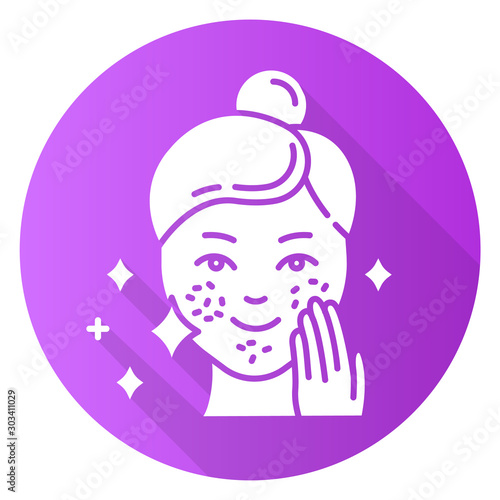 Spot treatmeant purple flat design long shadow glyph icon. Skin care procedure. Facial beauty routine step. Cleansing and healing effect for problematic skin. Makeup. Vector silhouette illustration