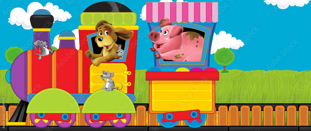 Cartoon funny looking steam train going through the meadow with farm animals - illustration for children Cartoon funny looking steam train going through the meadow with farm animals - illustration for children
