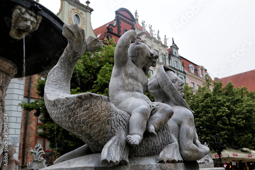 Gdansk, Poland - 06/07/2019: Sculptures at the Neptune Fountain.
