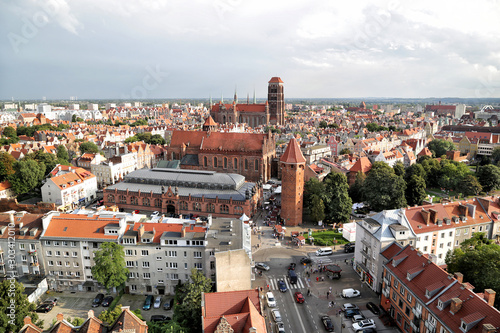 Gdansk, Poland - 08.16.2019: View of the rooftops of the old city from the bell tower of the Cathedral of St. Katarzyna.