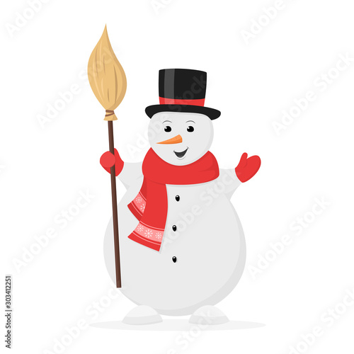 Snowman in hat and red scarf with broom. Vector illustration in flat style, isolated on white background for New year and Christmas design or greeting card 