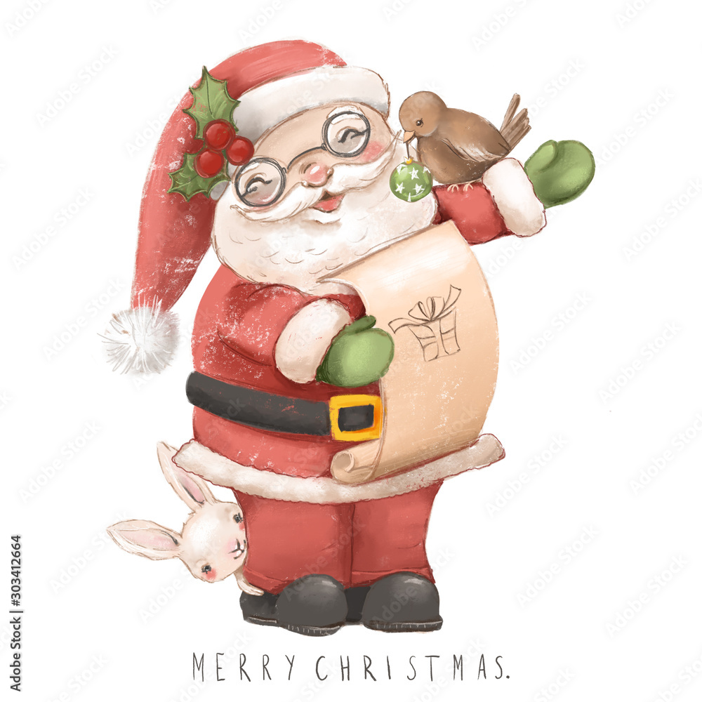 Φωτογραφία Cute watercolor hand drawn Santa Claus with little bird, cute bunny and Christma