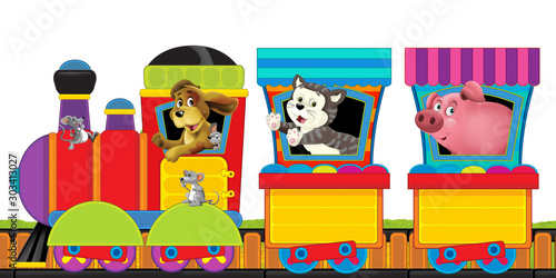 cartoon steam train on tracks with farm animals on white background space for text - illustration for children © honeyflavour