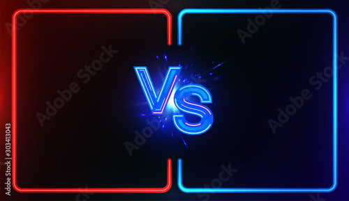 Neon Versus Battle, vs collision of futuristic letters with glow and glare of light on a red-blue background, confrontation concept, competition vs match game, martial battle vs sport. Versus battle 