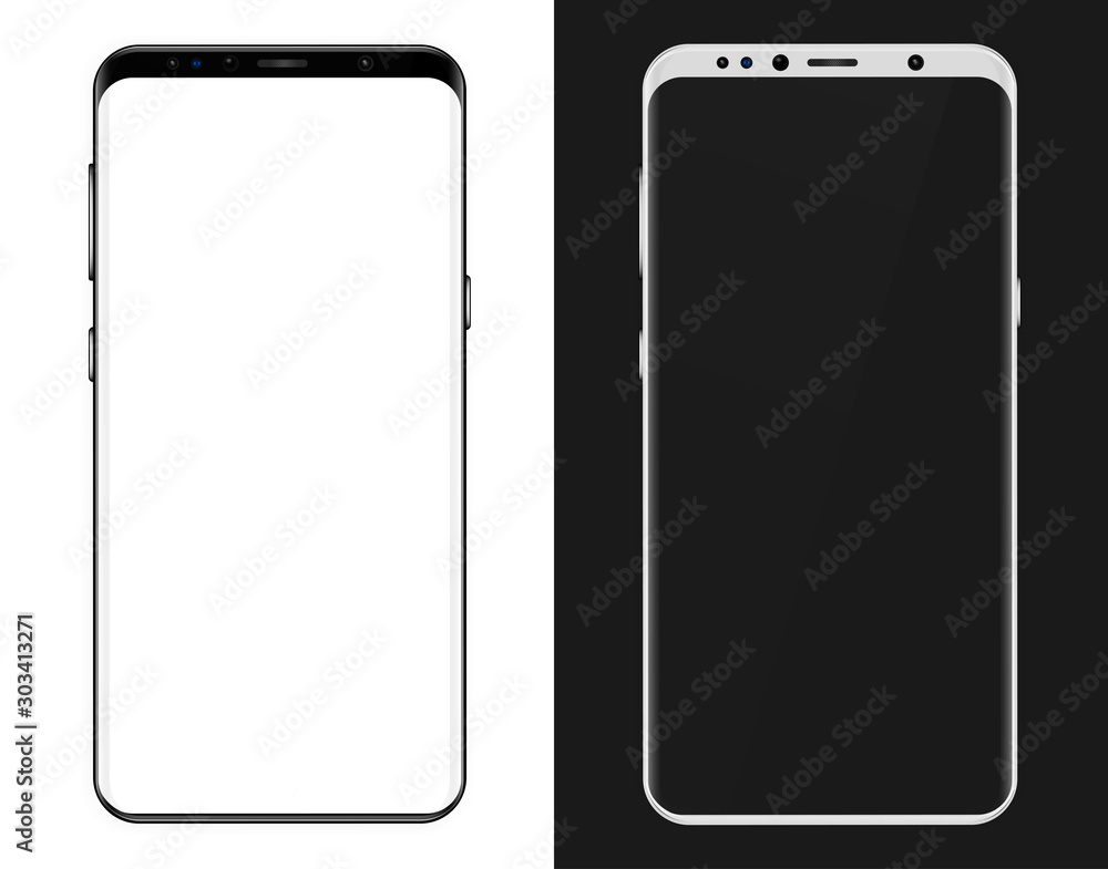 Smartphone black and white, blank screen, 3D realistic phone mockup Isolated on white and black background. New cell phone model. Template set. Presentation your product. Vector illustration Smartphone black and white, blank screen, 3D realistic phone mockup Isolated on white and black background. New cell phone model. Template set. Presentation your product. Vector illustration