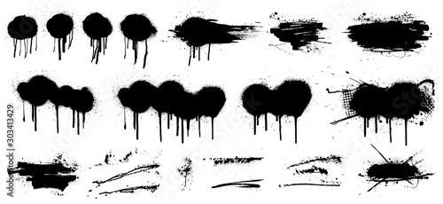 Stencil graffiti spray template. High quality tracing.  Vector collection. Black splashes isolated on white background. Color dirty liquid. Very detailed set graffiti spray, street graffiti template