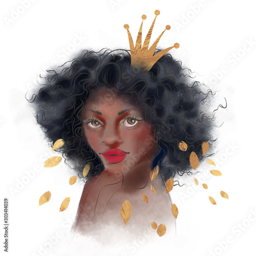 Beautufil african american woman with golden crown watercolor illustration fashion style portrait photo