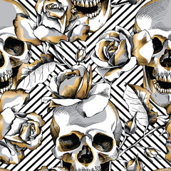 Sierkussen Doodshoofd met bloemen patronen Gouden schedel met rozen geometrisch  © Afishka