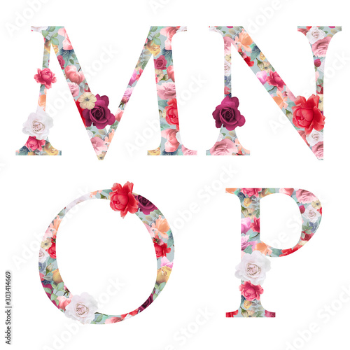 M, N, O, P floral letters, flower aplhabet with roses isolated on white background