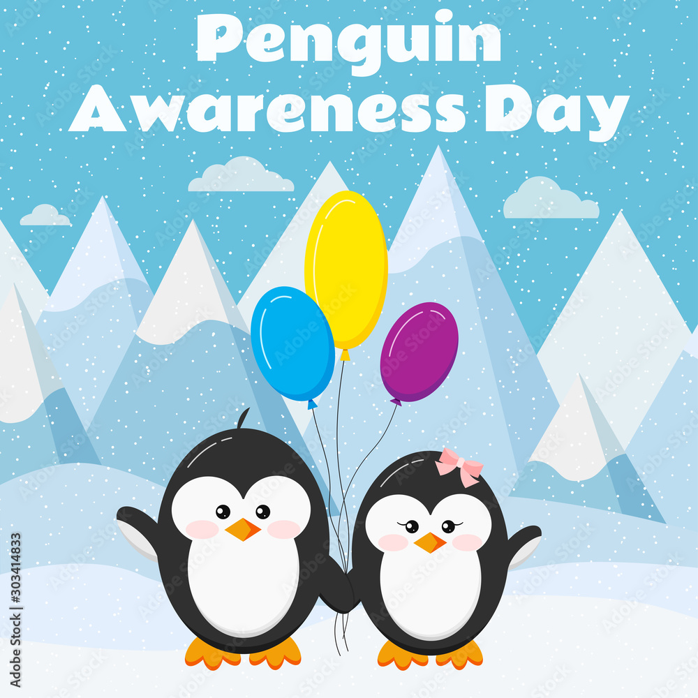 Fototapeta premium Penguin awareness day card with cute penguin couple boy and girl stand with colorful balloons on arctic background.