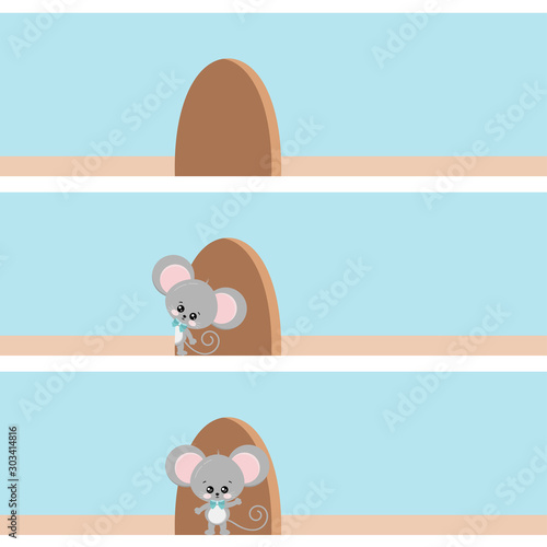 Cute mouse looking out of the hole in the wall, standing in the doorway of a hole.