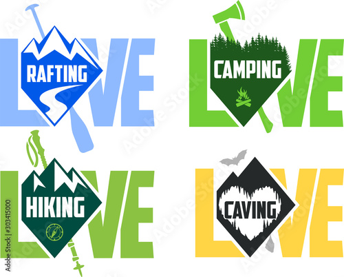 set of vector camping, hiking, caving and rafting emblems labels