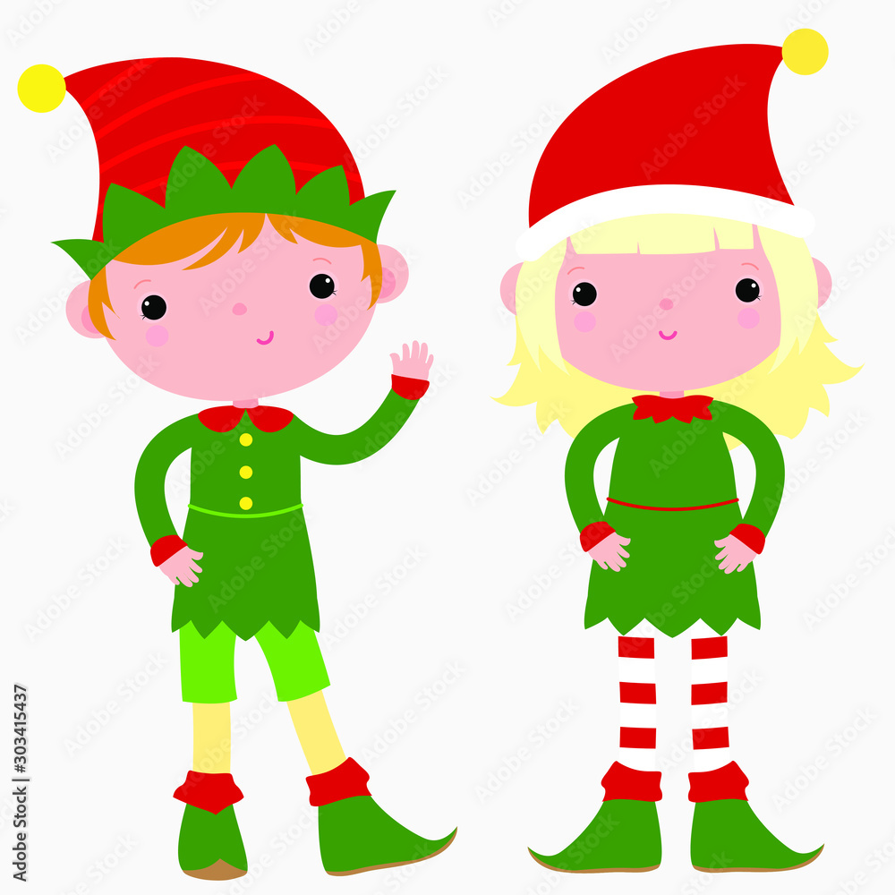 Boy and girl christmas elves. Santa's helpers.