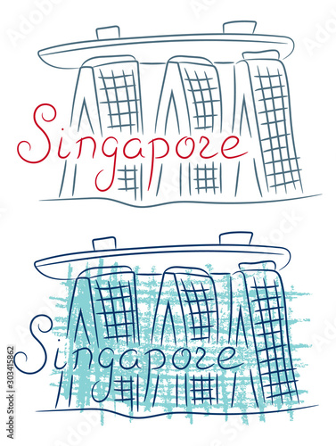 Singapore hotel skyscraper sketch with color pencil grunge vector illustration