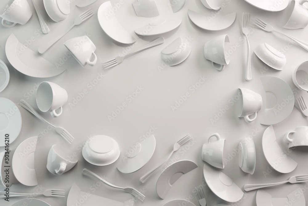 White Food background concept for design menu restaurant or cafe. Copy space for your logo. Food flyer. Ceramic Plates and Dishes. White coffee mugs and saucers on a white background. 3d render White Food background concept for design menu restaurant or cafe. Copy space for your logo. Food flyer. Ceramic Plates and Dishes. White coffee mugs and saucers on a white background. 3d render