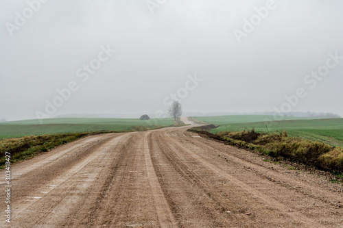 rural sandy road with small puddles goes far into the horizon, cloudy autumn day with drizzling rain and foggy forest