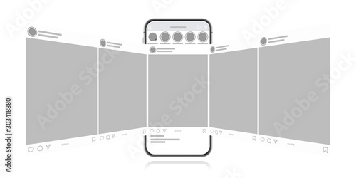 Social media design concept on a white background. Smartphone with carousel interface post on social network. Modern flat style vector illustration.