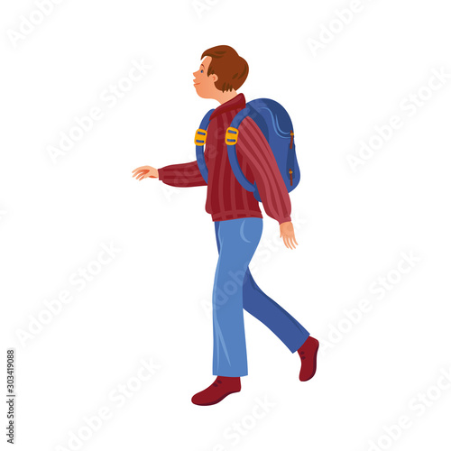 Brown-haired camper boy in the sweater with a backpack. Vector illustration in flat cartoon style.