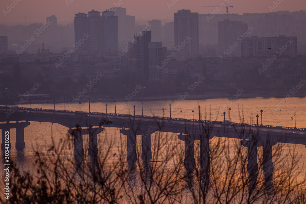 Sunrise in Kiev. Paton Bridge. Ukraine - November 2 2019