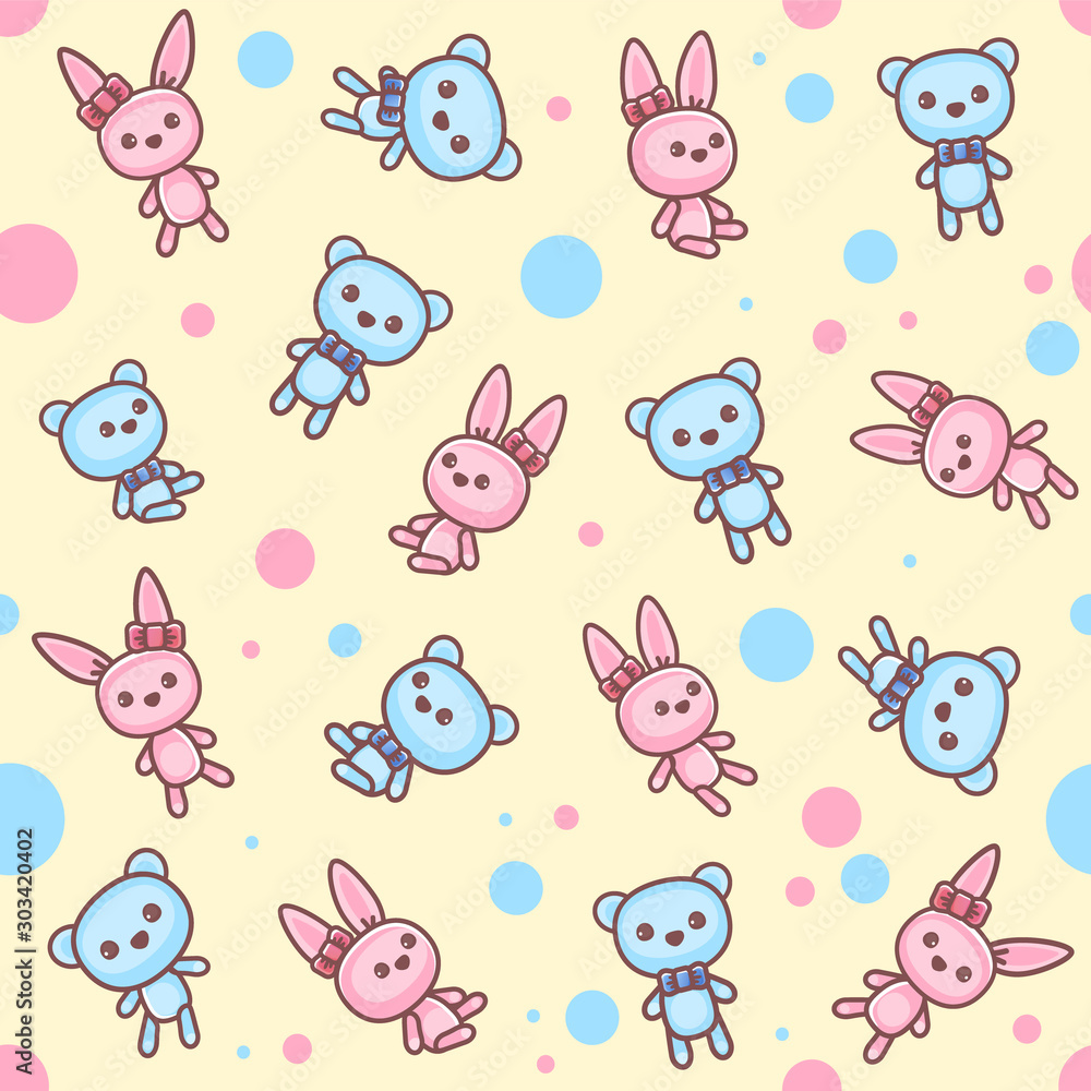 Toys seamless pattern. Teddy bear and bunny. Cozy pattern for childrens print and in the room for the child. Vector illustration