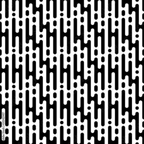 Rounded lines seamless pattern. Abstract black and white dashed lines and dots.
