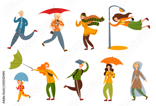 Set of various people on a rainy and windy day. Vector illustration in flat cartoon style.