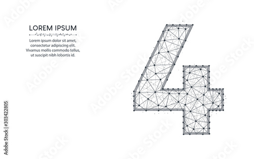 Number 4 low poly design, mathematics abstract geometric image, four wireframe mesh polygonal vector illustration made from points and lines on white background