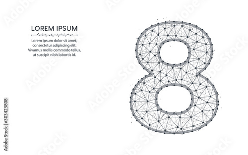 Number 8 low poly design, mathematics abstract geometric image, eight wireframe mesh polygonal vector illustration made from points and lines on white background