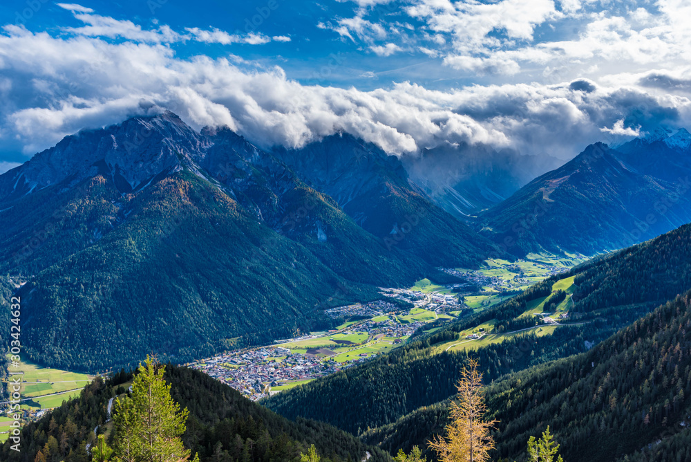 aerials view of mountains in the stubai valley, tyrol, austria